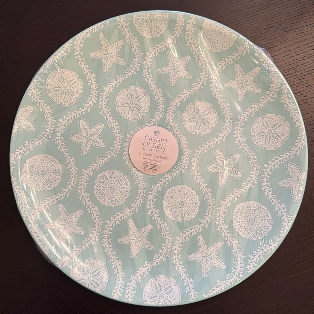 Three Sigrid Olsen 16” plastic Aqua blue serving platters orig wrap great gifts